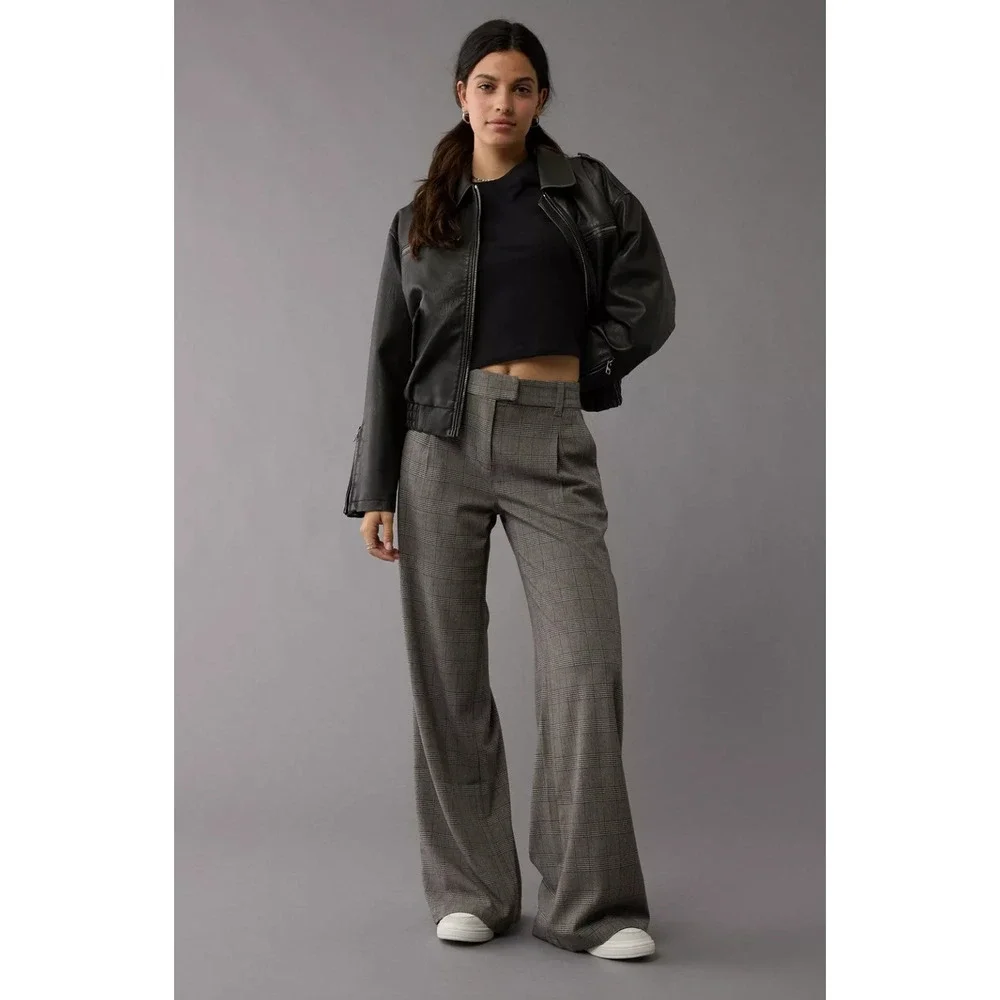 American Eagle Stretch Poppy Trouser Wide Leg Gray Plaid Academia Career Size 8